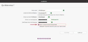 choix activation auto-login lors de installation de Ubuntu