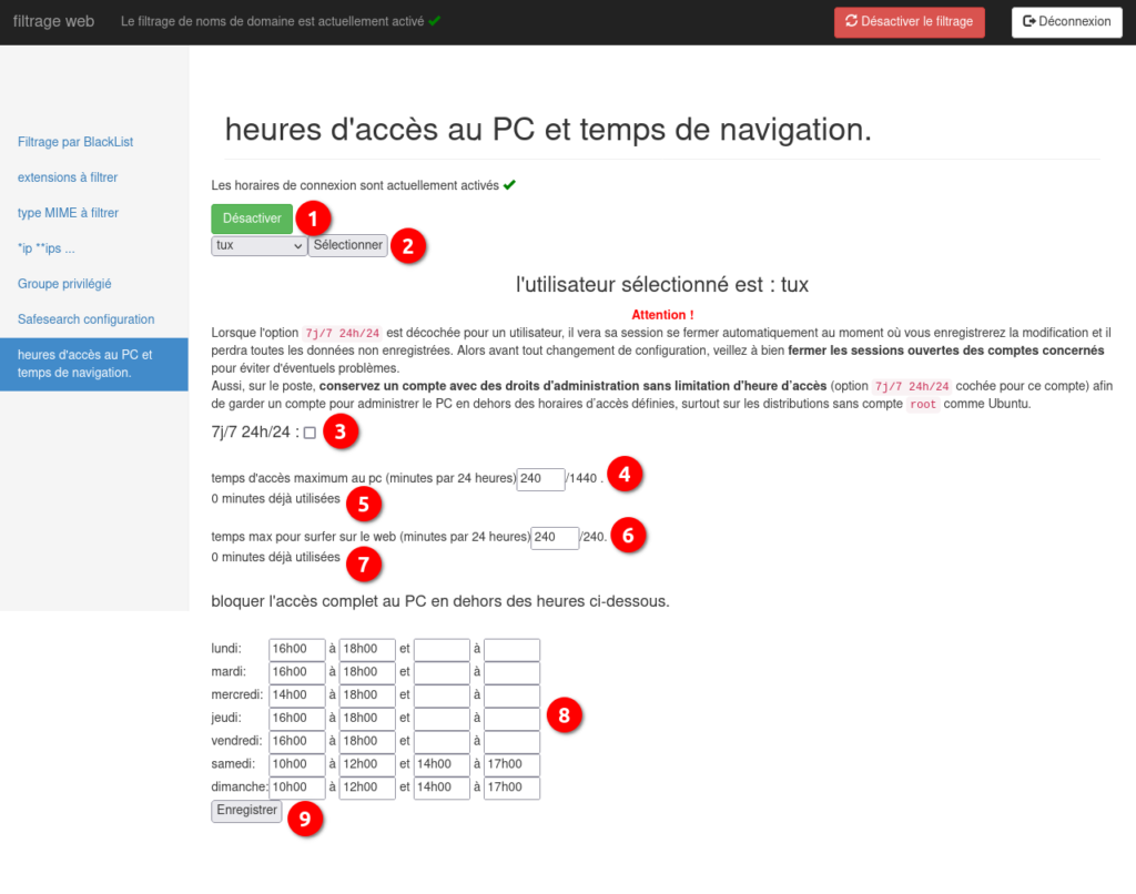 Exemple de configuration des heures d'activité