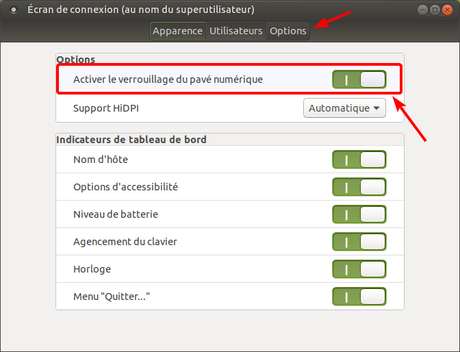 écran de connexion - options dans Ubuntu MATE