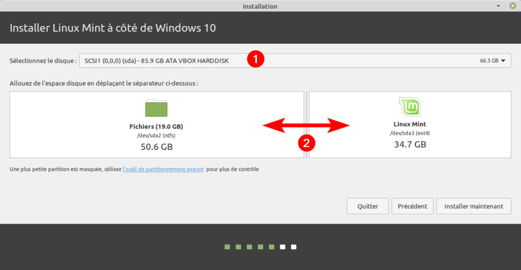 Type installation - redimensionnement des partitions du disque dur