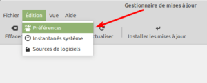 Linux Mint 20 - Gestionnaire des MAJ - accès préférences