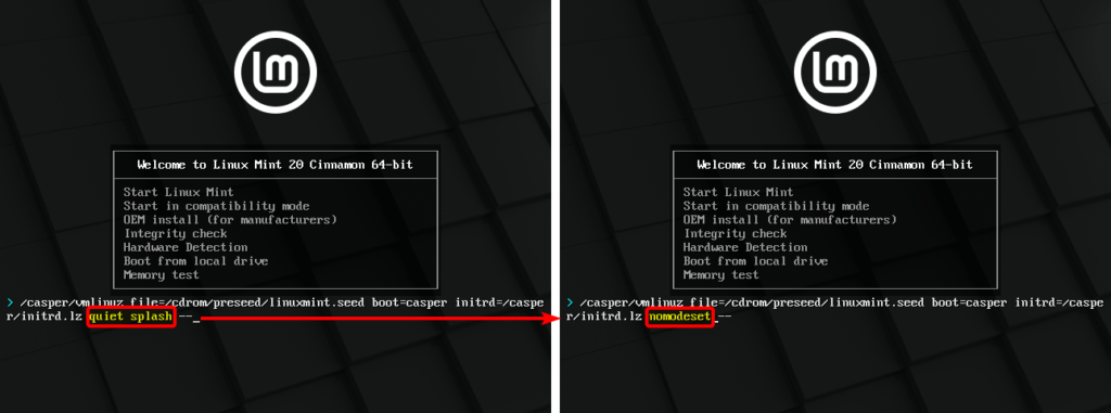 Modification démarrage USB bootable Linux Mint 20 pour régler les problèmes de freeze