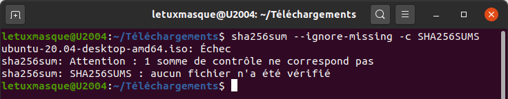 résultat vérification intégrité fichier sous Ubuntu - Echec