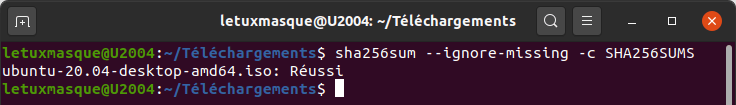 résultat vérification intégrité fichier sous Ubuntu - Réussi