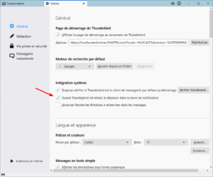 option Thunderbird dans barre notification