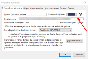 propriétés dossier dans Thunderbird