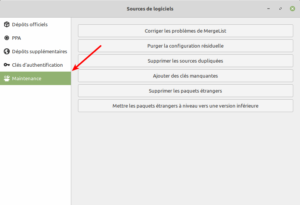 Sources de logiciels - onglet maintenance