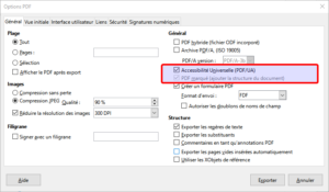 option export PDF accessibilité universelle