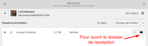 Warpinator : réception fichier terminée