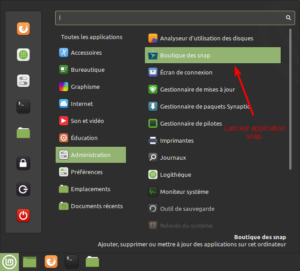 Lanceur application Snap Store dans menu de Linux Mint Cinnamon