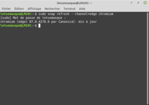 Exemple sous Linux Mint de la commande snap refresh --channel=edge chromium