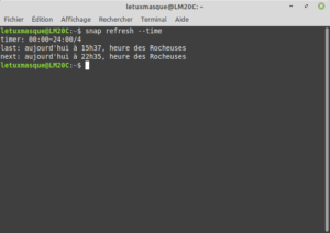 Exemple sous Linux Mint de la commande snap refresh --time