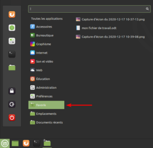 Accès Favoris dans menu des applications de Linux Mint 20.1 édition Cinnamon