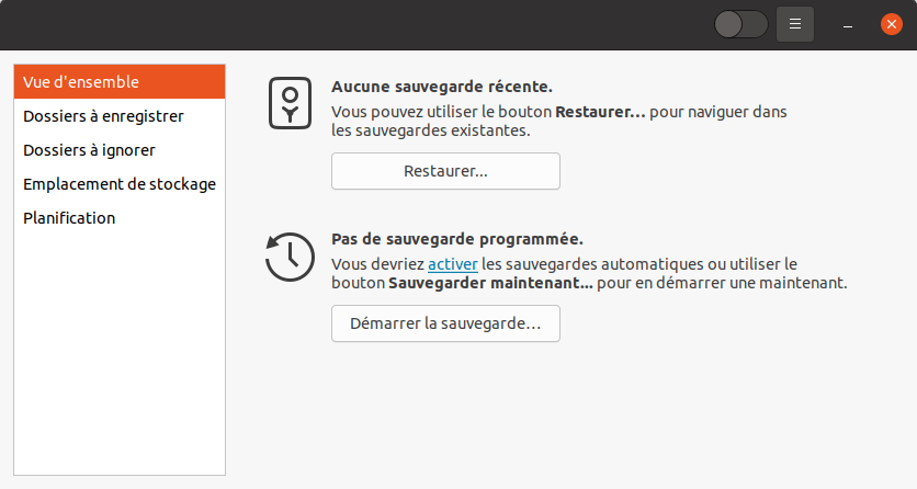 Page d'accueil de Déjà Dup dans Ubuntu 20.04