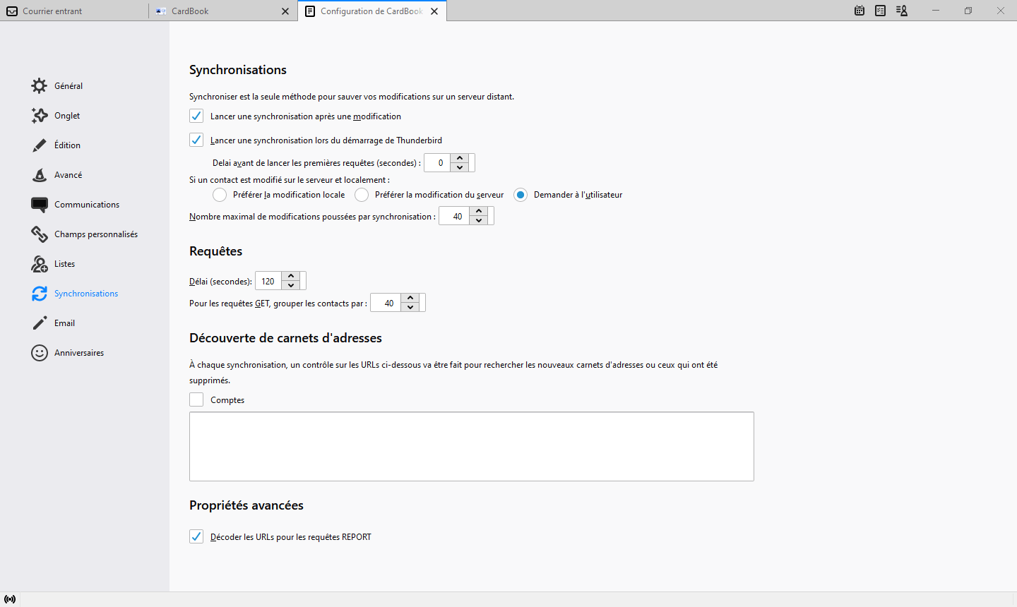 Préférences CardBook - Synchronisation