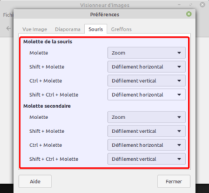 Préférences de comportement pour les molettes dans Xviewer
