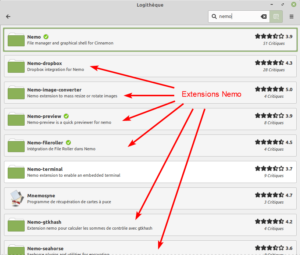 Exemple recherche d'extensions Nemo dans logithèque de Linux Mint