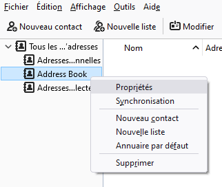 Thunderbird 91 - Menu carnet d'adresses