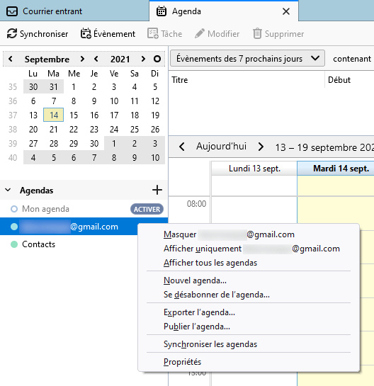 Thunderbird 91 - menu contextuel agenda