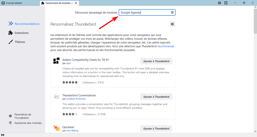 Thunderbird 91 - recherche extension