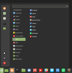 web apps dans le menu et le tableau de bord de Linux Mint 20.1