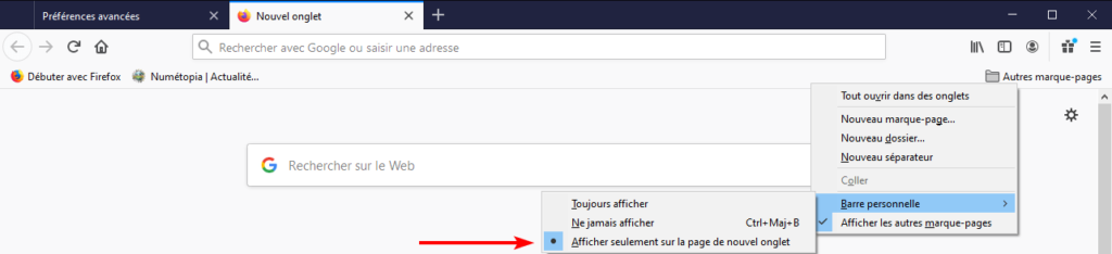 option affichage barre personnelle dans Firefox 85