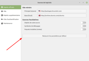Bonton pour rétablir les dépôts miroirs par défaut Linux Mint 20