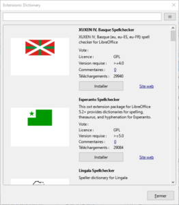 Exemple pour installer extensions de Dictionnaires dans LibreOffice 7.1