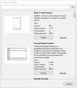 Exemple pour installer extensions modèles dans LibreOffice 7.1