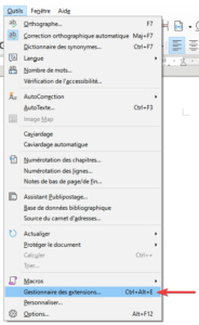 Accès depuis LibreOffice Writer au gestionnaire des extensions