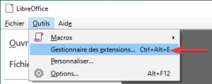 Accès gestionnaire des extensions de LibreOffice