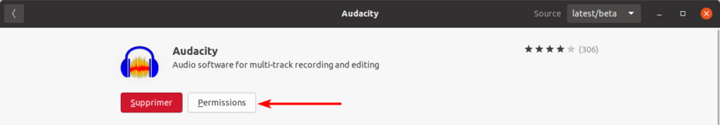 Accès aux permissions du paquet snap Audacity dans Ubuntu Software