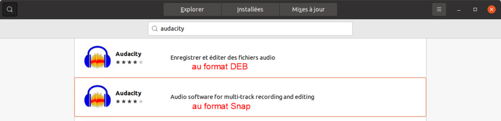Les différents paquets Audacity dans le gestionnaire de logiciel