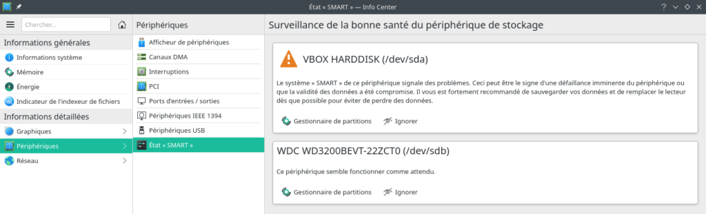 Statut SMART des disques durs dans Manjaro KDE