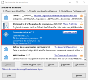 Le correcteur grammatical français Grammalecte dans les extensions de LibreOffice