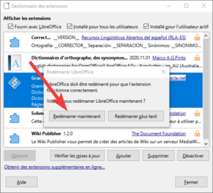 Redémarrer pour terminer l'installation du correcteur grammatical français Grammalecte dans LibreOffice