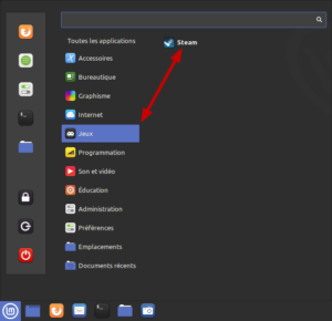 Accès lanceur Steam dans Linux Mint Cinnamon