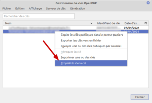 Thunderbird - Accès aux propriétés d'une clé OpenPGP