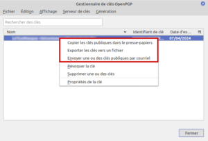 Thunderbird - gestionnaire des clés OpenPGP - exporter clé publique pour permettre à votre correspondant de chiffrer les mails qu'il vous envoie