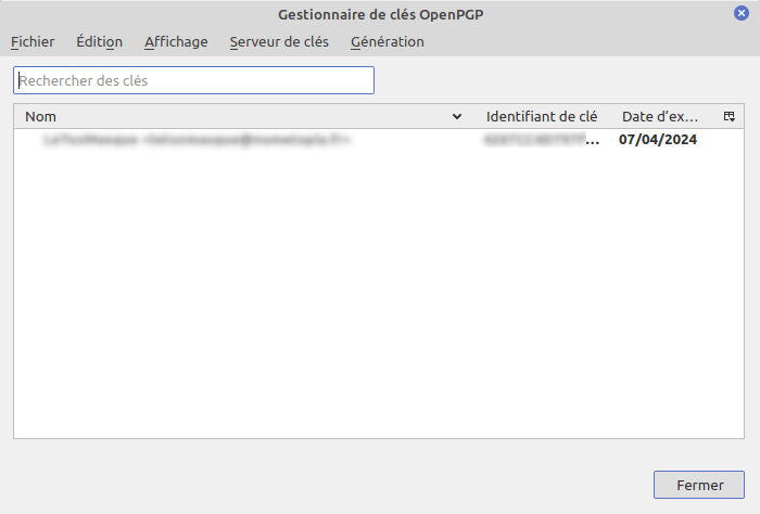 Thunderbird - Gestionnaire des clés OpenPGP