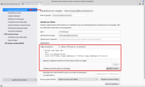 Paramètres de compte pour ajouter signature à un mail dans Thundebird