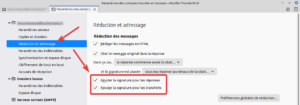 Paramètres pour insérer automatiquement la signature aussi à un mail de réponse ou de transfert dans Thunderbird