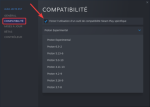 Option de compatibilité pour un jeu dans Steam