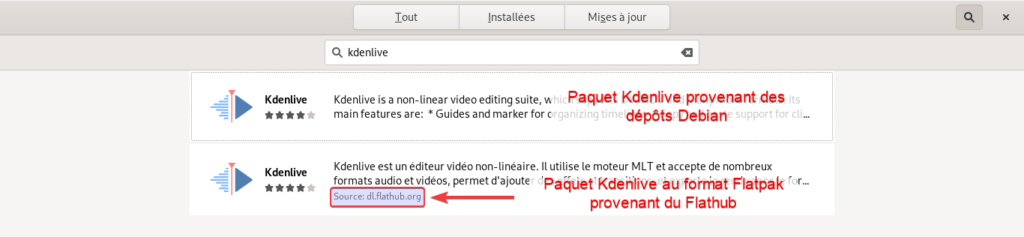 Différents paquets Kdenlive dans gestionnaire logiciels de Debian