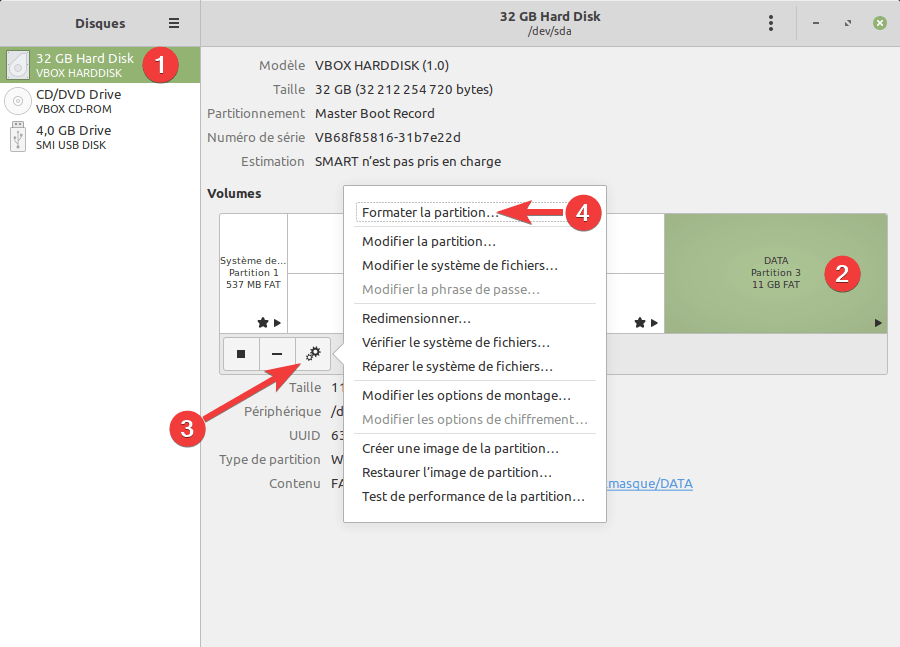 Formater clé USB dans Linux Mint avec gnome-disk-utility
