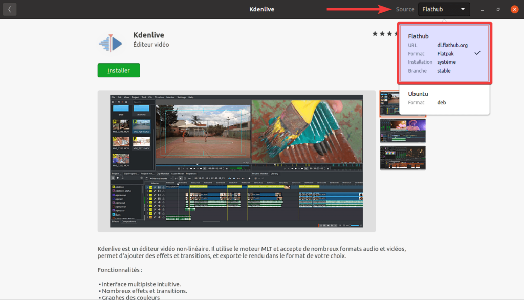 kdenlive choix source flathub