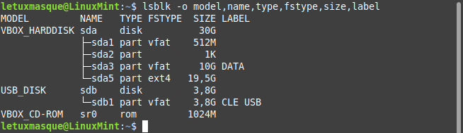 linux mint lsblk avec model