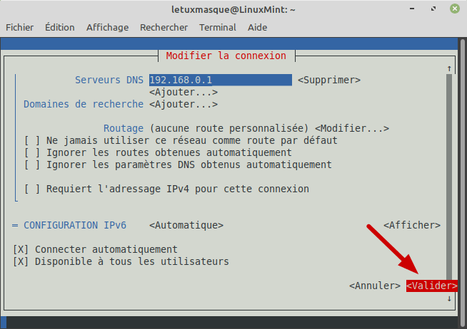 nmtui valider modification