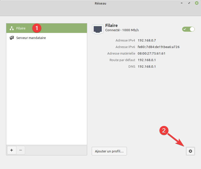 Paramètres applet réseau sur Linux Mint Cinnamon