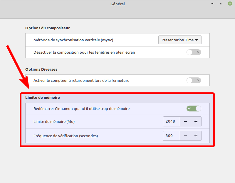 Cinnamon 5.0 préférences mémoire